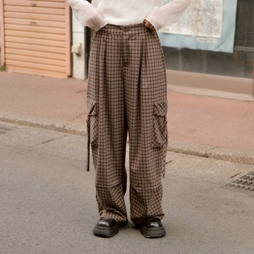 格紋綁帶口袋造型直筒長褲 兩色售 S/M