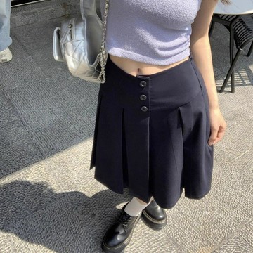 【小個子】145cm 小個子女装 单排扣藏青色五分百褶裙女 气质 高腰显瘦a字裙 半身裙中裙 小个子短裙 学院风短裙