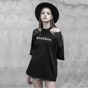 夏日搖滾拼接網紗露肩棉質上衣 - 多色 / 僅有黑 / 寬鬆版型