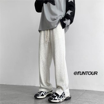 灰色運動褲男春秋款設計感拉鏈開叉褲子直筒寬松重磅衛褲休閑長褲