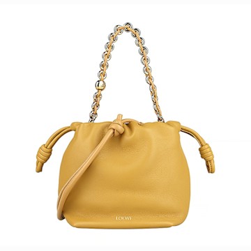 LOEWE Flamenco Purse經典燙金LOGO褶皺造型納帕小羊皮鏈帶手提肩背斜背束口包(迷你/芥末黃)