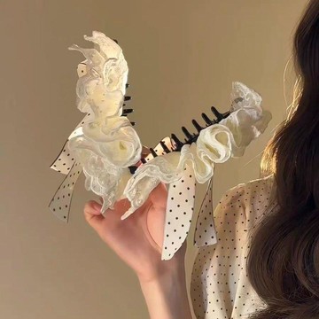 2026新品熱銷 新款韓系氣質波點蝴蝶結蕾絲裙襬香蕉夾女髮飾後腦勺抓夾馬尾夾 裝飾 飾品 壹灣出貨