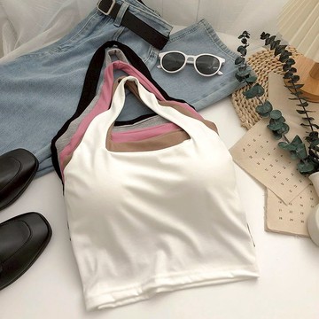 【Plump】150kg內可穿 大尺碼女裝 帶胸墊 辣妹 掛脖抹胸背心 韓版 百搭 吊帶背心 短版上衣 小可愛 無袖上衣