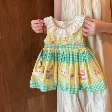 🍭臺灣出貨🍭女童夏季韓版可愛卡通吊帶公主裙2025新款兒童寶寶洋氣格子連衣裙 女童洋裝 女寶洋裝 女童連身裙 女童公