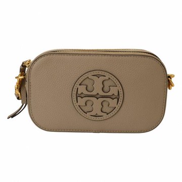 TORY BURCH-mille 浮雕TB皮革雙層斜背相機包(淺褐色)小款