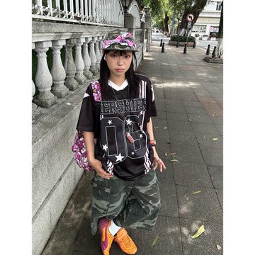 EAHO 美式復古V領星星數字印花拼接短袖球衣夏季男女寬松運動上衣