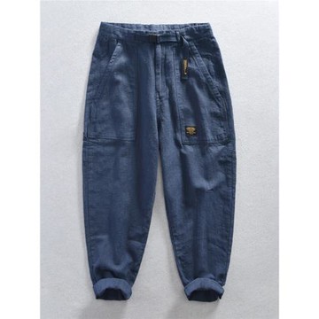 亞麻工裝褲潮牌男夏季薄款透氣寬松直筒長褲復古多袋棉麻褲子夏天