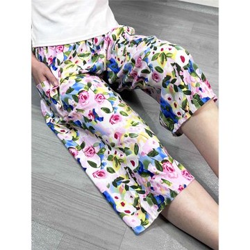 新款夏季睡褲女士七分褲綿綢人造棉褲子寬松家居褲薄款空調棉綢褲