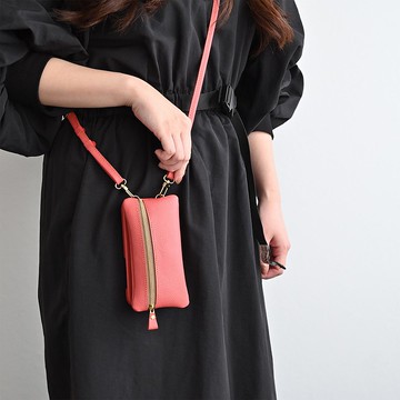 福袋智慧型手機袋垂直懸掛 [收縮皮革] 頂部拉鍊袋帶肩帶和旋轉智慧型手機保護套 BS41K