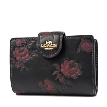 COACH 立體浮雕花卉滑面皮革釦式中夾-黑色