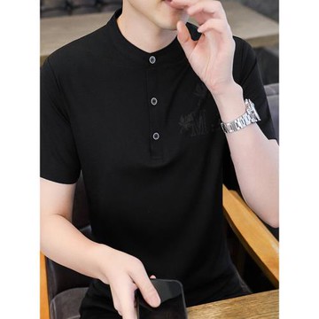 男士短袖T恤夏裝薄款上衣休閑體恤立領polo衫滑料中青年打底潮流