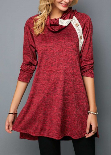 Button Detail Wine Red Cowl Neck Tunic T Shirt