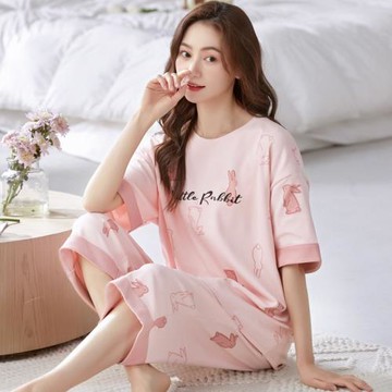 女士睡衣夏季運動薄款韓版寬松短袖七分褲套裝春秋大碼可愛家居服