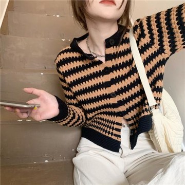 2025新款韓版時尚內搭上衣潮條紋撞色短款針織開衫毛衣外套女秋冬