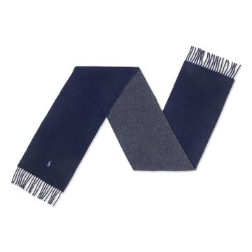 Polo Ralph Lauren RL 熱銷刺繡小馬兩面羊毛圍巾(義大利製)-深灰併深藍色