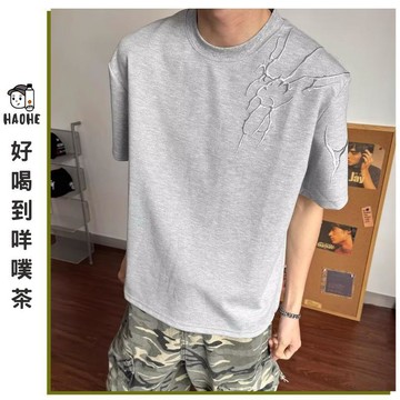男生短袖T恤 休閒短T 男生短袖 重磅 刺繡 灰色 修身 合身 美式復古 高街 日常穿搭 休閒百搭 日常實穿