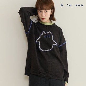 a la sha Q咪撞色鎖邊落肩針織上衣