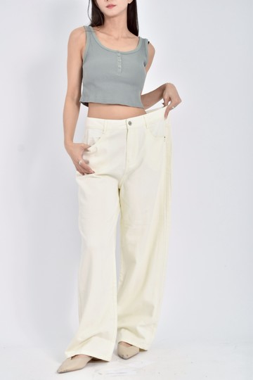 (XL) sfey高腰質感丹寧牛仔棉質純棉白色長褲