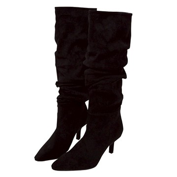 ANNSTAR 彭彭PON聯名-時髦腿精必備歐美皺摺靴6cm-黑(版型偏小)