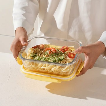 FOREVER LIFE 耐熱玻璃長方形保鮮盒4件組 640ml*2｜1040ml*2 - 二分隔款黃色(640ml X2｜1040ml X2)