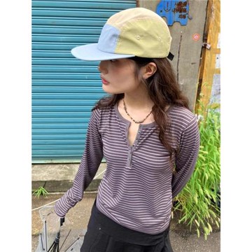 Exclusive type 韓國小眾復古配色古早條紋圓領長袖T恤系扣打底衫