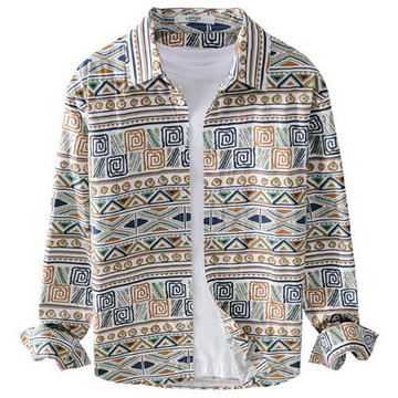 【米蘭精品】襯衫長袖上衣-休閒復古民族風印花男裝2色74jt40