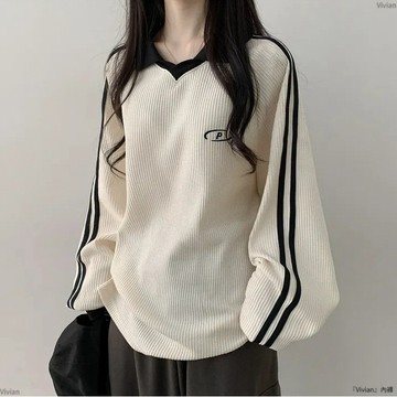 華夫格韓版polo領復古拼接加絨衛衣女年春秋冬季潮牌