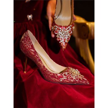 紅色高跟鞋女2023年新款尖頭細跟中式高級感新娘鞋秀禾服兩穿婚鞋