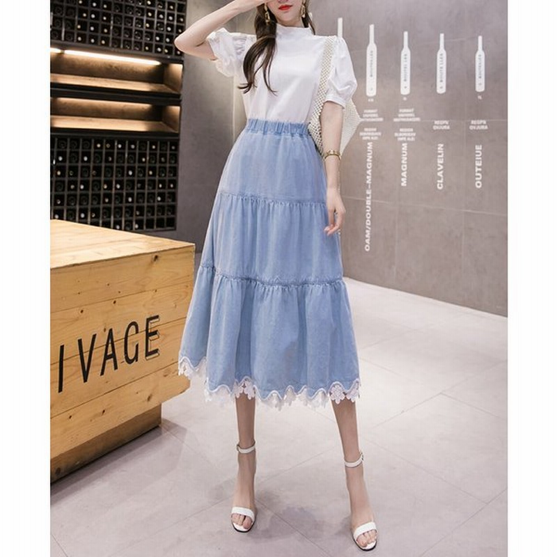 デニムスカート デニム レース 裾レース 花柄 ケーキスカート ミモレ丈 ロング丈 ライトブルー ホワイト きれいめ 大人可愛い 清楚 通販 Lineポイント最大get Lineショッピング