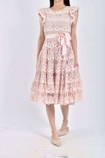 (S) red valentino質感棉質純棉短袖雕花粉色綁帶洋裝