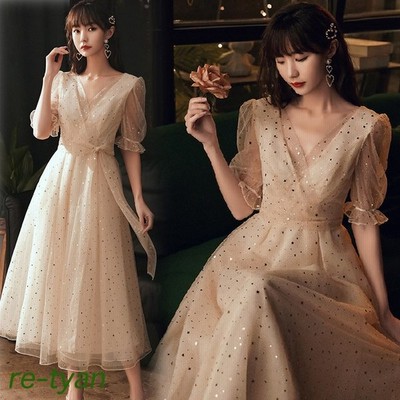 ミモレ丈パーティードレスvネックaライン入学式演奏会用同窓会二次会袖あり結婚式ワンピースエンパイアシンプル着痩せ上品大人 通販 Lineポイント最大get Lineショッピング