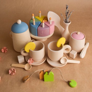 木製玩具茶具與蛋糕附蠟燭 蒙特梭手工遊戲