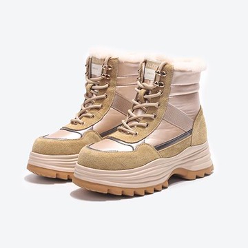 JP Queen New York 冬季穿搭真皮異材質女款保暖內刷毛內增高厚底短靴(杏色)