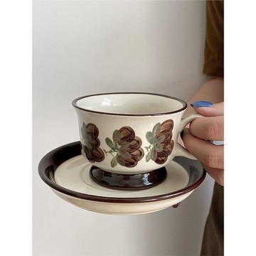 芬蘭中古風咖啡杯碟套裝手繪復古釉下彩馬克杯陶瓷輕奢風下午茶具