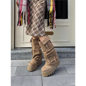 2025秋冬新款復古雅丹風口袋褲管靴褶皺感時裝靴厚底增高顯瘦女靴