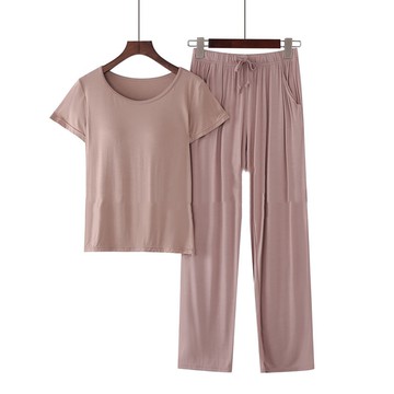 莫代爾柔軟涼感Bra T家居服-長褲套裝-卡其色