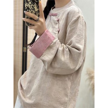 春季新款新中式國風復古提花斜襟氣質百搭長袖打底上衣茶服襯衫