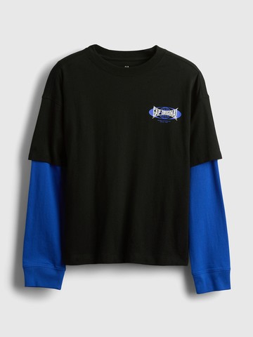 男童裝 Logo純棉印花假兩件圓領長袖上衣-黑色