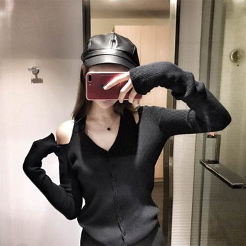 歐美風新款秋冬性感v領掛脖露肩長袖針織打底衫修身毛衣女開衫潮