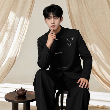 國潮牌黑色新中式西裝男士 春秋新款中國風中山裝立領西裝外套日系