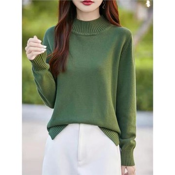 純棉線半高領加厚針織衫女秋冬寬松顯瘦慵懶風長袖毛衣純色打底衫