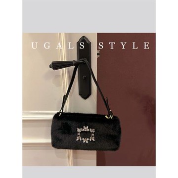 UGALS閃亮不靈蝴蝶結毛絨絨水鉆石托特宴會兔毛絨腋下斜挎小方包