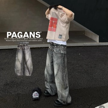 【PAGANS STORE】美式 復古 西岸 數碼 腰帶 3D印花 做舊 水洗 解構 彎刀褲 牛仔褲 彎刀 牛仔 長褲