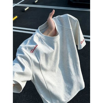 白花灰解構拼接刺繡短袖男款夏美式boxy重磅t恤cleanfit正肩半袖百搭 復古寬鬆 百搭ins  基本款 圓領 重磅