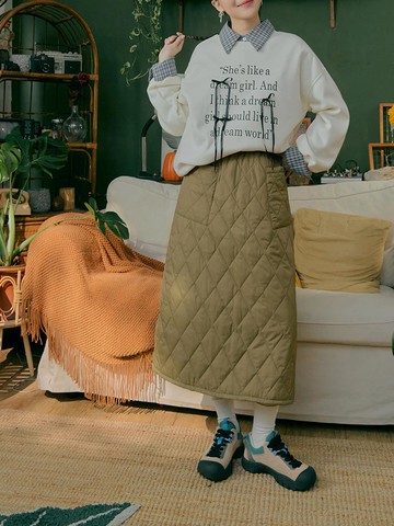 日系大口袋絎縫鋪棉禦寒長裙
