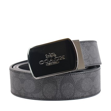 COACH 男款 琺瑯釦頭緹花LOGO防刮寬版皮帶-灰黑/黑