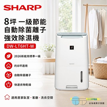 SHARP 夏普 8坪 一級節能 自動除菌離子 強效除濕機 DW-LT6HT-W