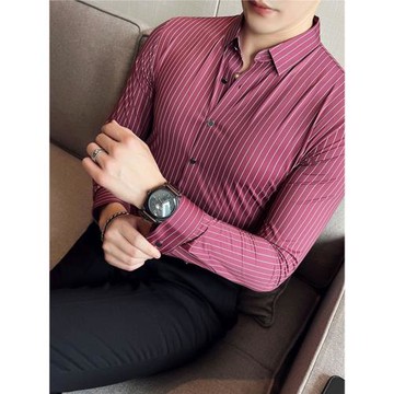 高級感冰絲休閑條紋長袖襯衫男新款秋季垂感商務韓版修身免燙襯衣