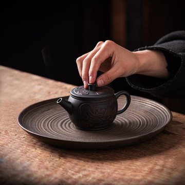干泡盤小型茶盤陶瓷粗陶養壺圓形紫砂壺托茶具干泡臺托盤大號壺承