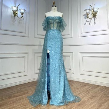 【女神婚紗禮服】輕奢鎏金開衩紗罩立體裹臂修身小魚尾晚禮服LA71945鮮豔藍